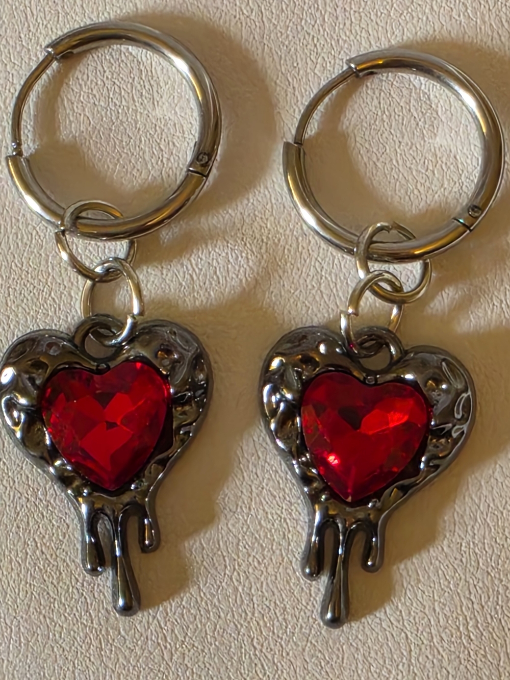 Red Heart Drop Hoop Earrings with Crystal Accent